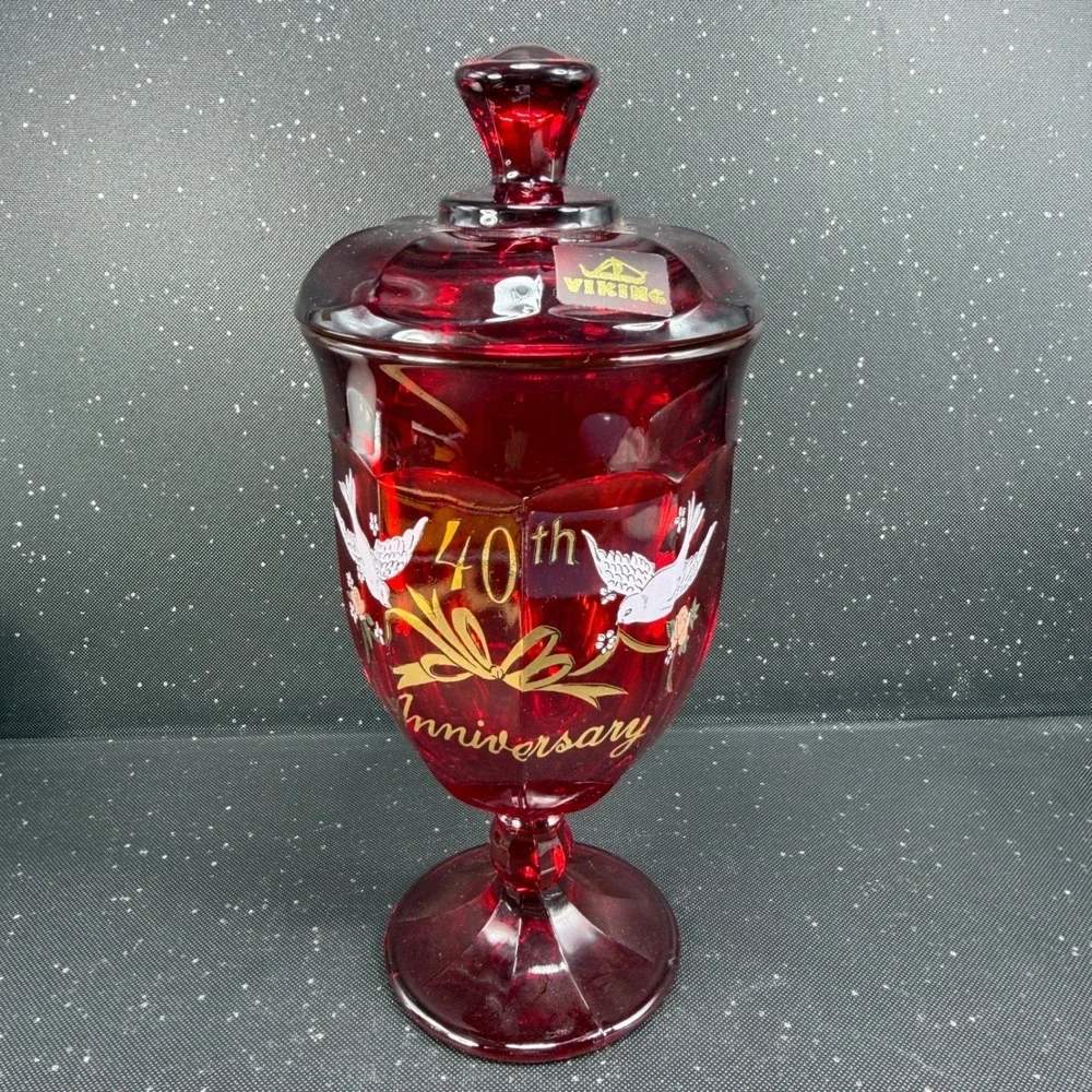 Viking Glass Ruby Red 40th Anniversary Candy Dish with Lid Doves Vintage 9 inch